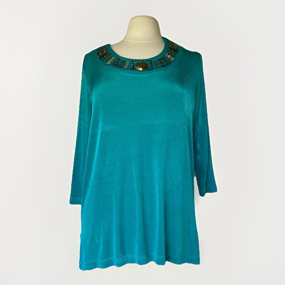 Slinky Brand Women's Top Dramatic Metal/Jewel Neckline Boutique Chic Style Large
